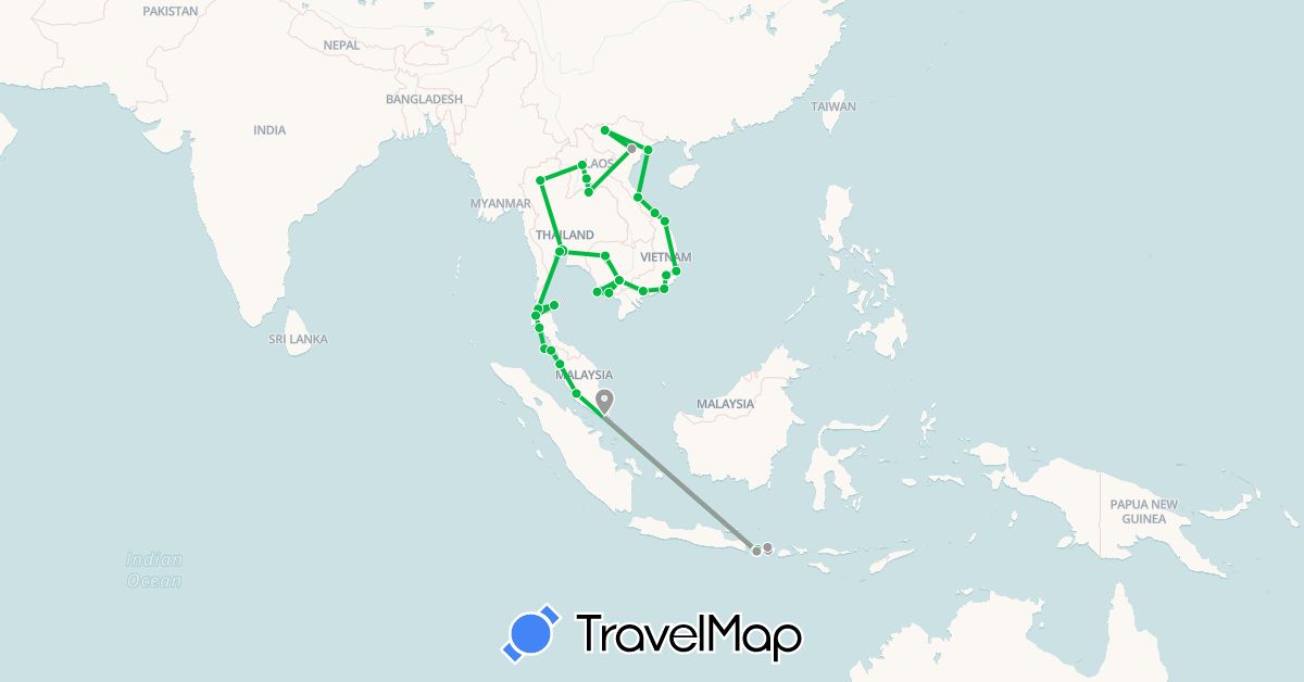 TravelMap itinerary: driving, bus, plane in Indonesia, Cambodia, Laos, Malaysia, Singapore, Thailand, Vietnam (Asia)
